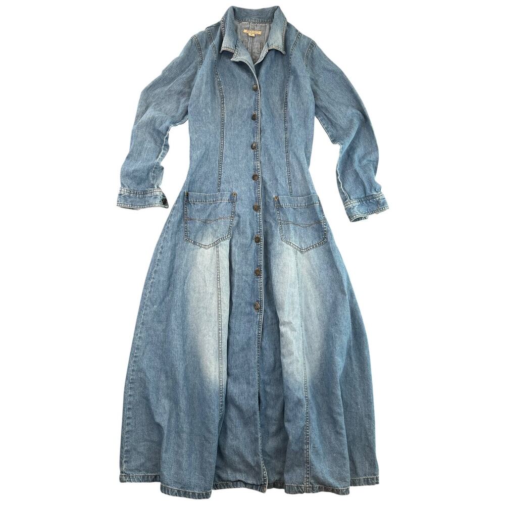 Vintage 90s Democracy Denim Maxi Dress Women 6 USA Button Front Prairie Western